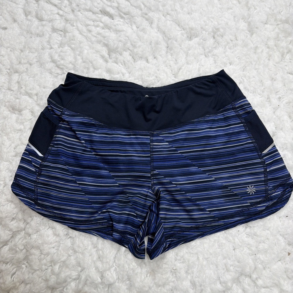 Athleta Running Shorts Women XS Navy Multi Stripe Mesh Pocket Athletic Gym‎ Yoga